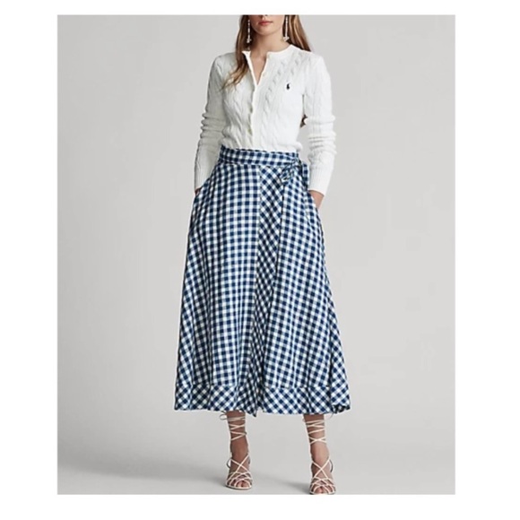 Polo Ralph Lauren Gingham Linen Midi Wrap Skirt - Picture 1 of 9